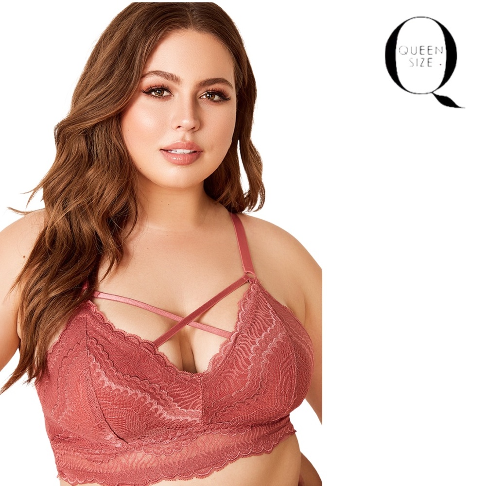 PLUS SIZE Criss Cross Lace Bralette Brick-Red QUEEN SIZE NEW